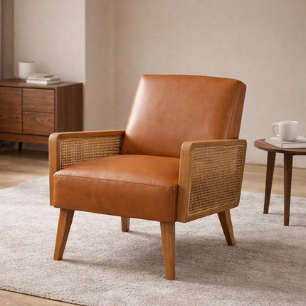 Nivara- Solid Wood Upholstered Accent Chair with Rattan Arms and Wooden Legs