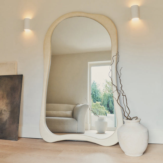 Claribel Wavy Ivory Teak Floor Mirror – Sculptural Full-Length Statement Piece - Uber Decor