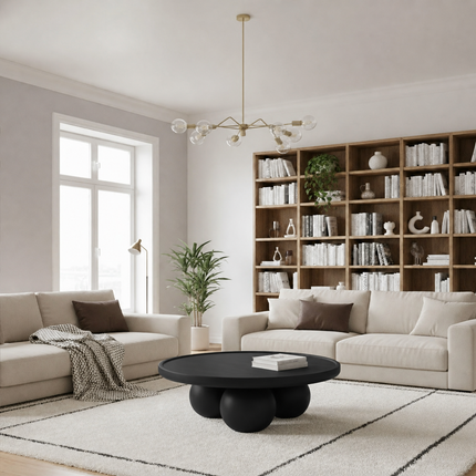 Bandama round solid wood coffee table with ball base mid century modern Japandi design for reading lounge and library seating space
