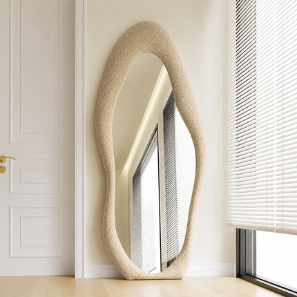 Modern Wavy Edge 5 ft Boucle Standing Mirror – Ready to Ship Beige Full Length Mirror
