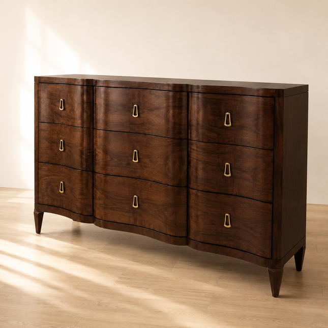Lusanne Curved Front 9-Drawer Mid-Century Modern Cabinet for Living Room, Bedroom & Entryway