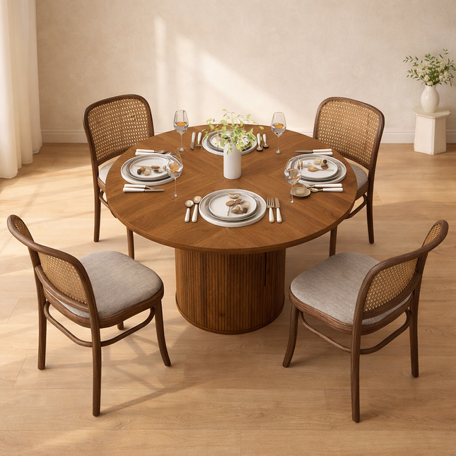 Marenton Round Dining Table Scandinavian Japandi Mid Century Modern Design Fluted Pedestal Base Wooden Dining Table for Dining Room