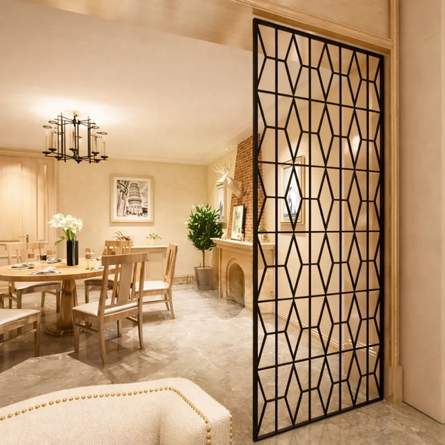 KRYNEX Stainless Steel Geometric Room Divider With Architectural Screen Pattern For Living Room Dining Area And Formal Seating Spaces