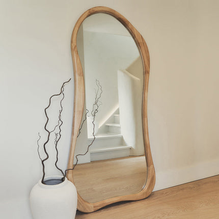 Elowen Wavy Teak Floor Mirror – Organic Freeform Full-Length Mirror - Uber Decor