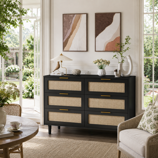 Bayshore 6-Drawer Scandinavian Rattan Front Solid Wood Cabinet with Natural Polish & Custom Finish Options for Bedroom, Living Room & Entryway