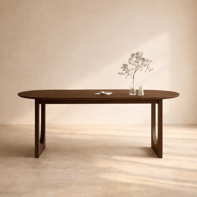 Waldenarc Oval Dining Table Mid Century Modern Scandinavian Japandi Design Wooden Finish Sculptural Panel Base Dining Table for Dining Room