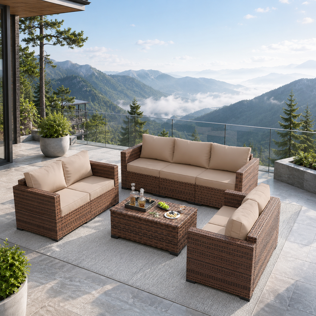 Palm Vista Wicker Rattan-Look Outdoor Sofa Set, Japandi Patio Conversation Set for Garden, Terrace, Porch, Rooftop & Poolside