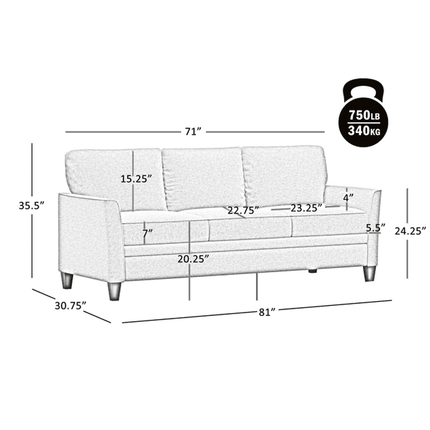 Sydney 81" Sofa- 3 Seat Classic Comfortable Modern Sofa in Customisable Fabric for Living Room - Uber Decor