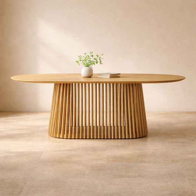 Kael Dining Table Japandi Scandinavian Design with Slatted Wooden Pedestal Base and Oval Top for Dining Room