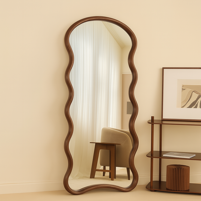 Seraphina Wavy Teak Floor Mirror – Artistic Full-Length Mirror for Bedroom & Living Room - Uber Decor