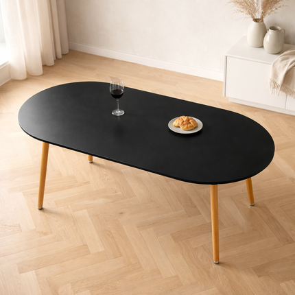 Nordelle Oval Dining Table Scandinavian Mid Century Modern Japandi Design Black Tabletop with Wooden Tapered Legs Dining Table for Dining Room