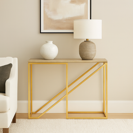 Golden Prism Console Table – Sculptural Mid-Century Modern Hallway Display Console - Uber Decor