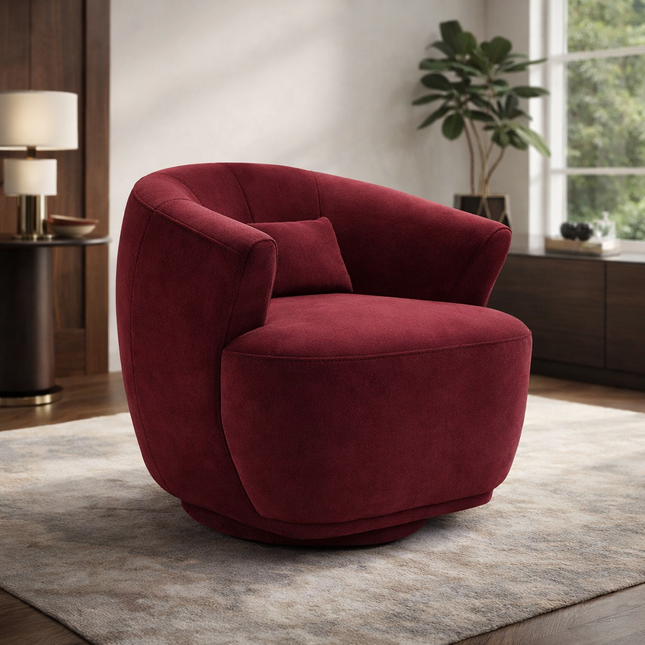 Zerina- Modern Comfort Wide Base Upholstered 360 Revolving Swivel Barrel Chair with Lumbar Pillow