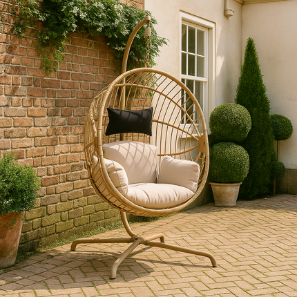 DriftShell Wabi-Sabi Cocoon Swing Chair – Japandi Nature-Inspired Mid-Century Outdoor Swing Chair