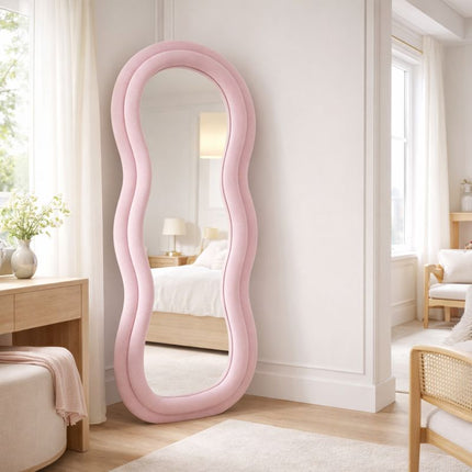 Velvet Wave Irregular Wall Mirror - Upholstered Suede Velvet Frame - Uber Decor