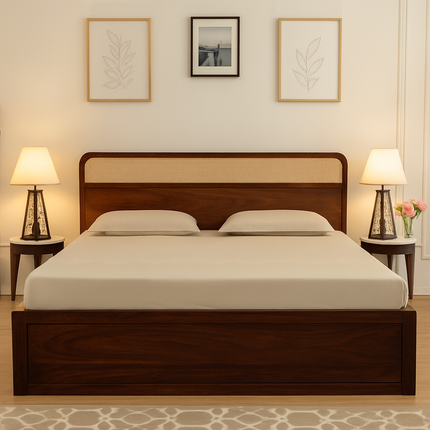 TeakCrest Modern Rattan Storage Platform Customisable Bed for Guest Rooms - Uber Decor
