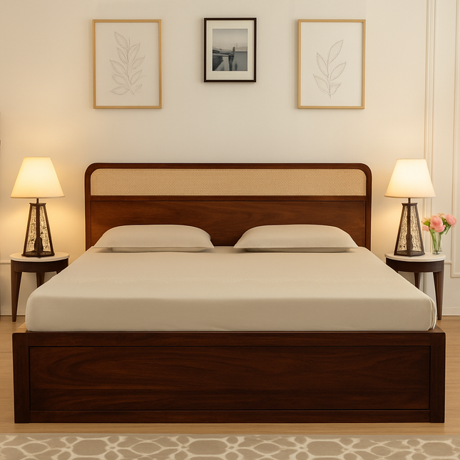 TeakCrest Modern Rattan Storage Platform Customisable Bed for Guest Rooms - Uber Decor