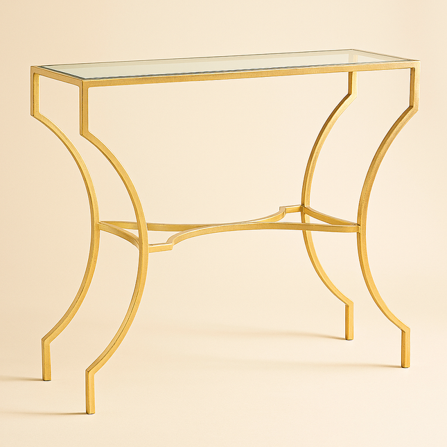 Aurion Display Table – Elegant Glass Top with Sculptural Gold Metal Base for Hallways, Entryways & Living Rooms - Uber Decor