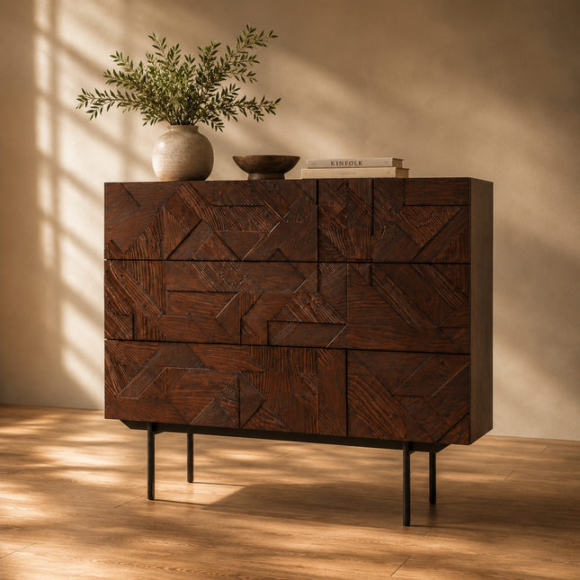 Voro Noir Modern Minimalist Solid Wood Chest of Drawers Textured Fronts  Metal Legs Ideal for Bedroom, Living Room & Hallway