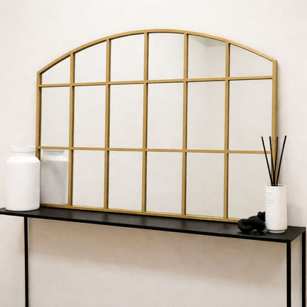 LusterArc- Arched Top Wide Metal Framed Window Style Mirror for Console or Dining Table Wall