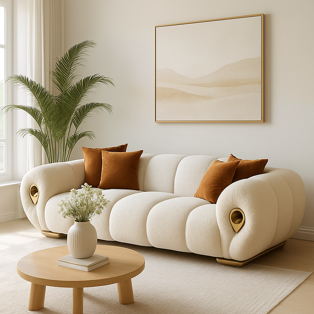 Marrakesh Rolled-Arm Sofa Modern Japandi Luxury Couch with Golden Accents