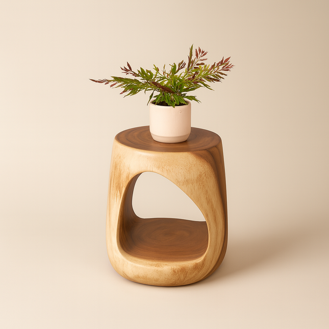 Tapti Solid Wood Side Table with Open Storage Sculptural Organic Modern Accent Table for Living Room & Bedroom - Uber Decor