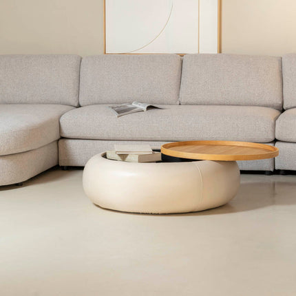 Lufira upholstered round coffee table with solid wood tray top low profile modern center table for lounge space and cozy interiors