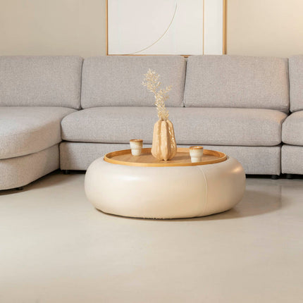 Lufira upholstered round coffee table with solid wood tray top low profile modern center table for lounge space and cozy interiors