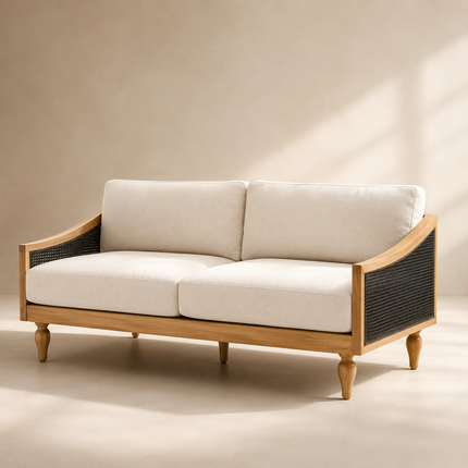 Fermo Rustic Modern Cane-Panel Wooden Sofa – front view with sloped arms and cane panels for living room India