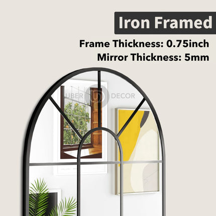 Old World Charm Arched Wall Mirror – Metal Window Mirror Full Length Mirror for Living Room & Entryway Accent - Uber Decor