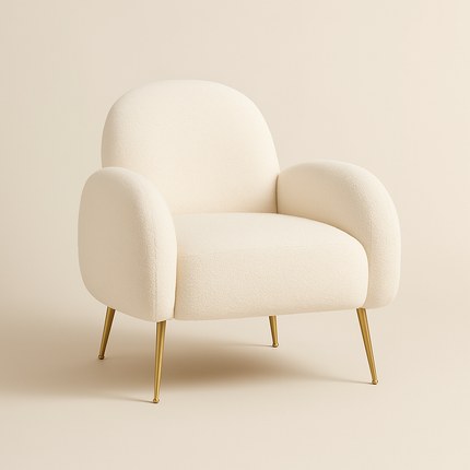 Reysha Cozy Boucle Accent Chair – Curvy White Sherpa Upholstered Single Arm Chair with Golden Legs - Uber Decor
