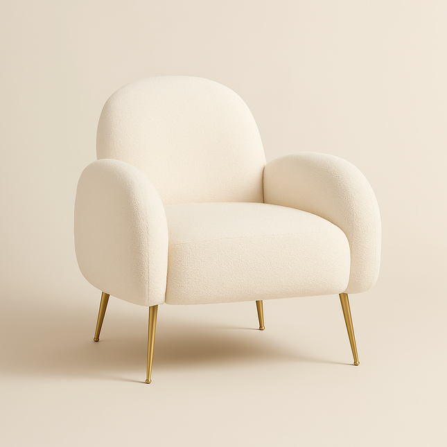 Reysha Cozy Boucle Accent Chair – Curvy White Sherpa Upholstered Single Arm Chair with Golden Legs - Uber Decor