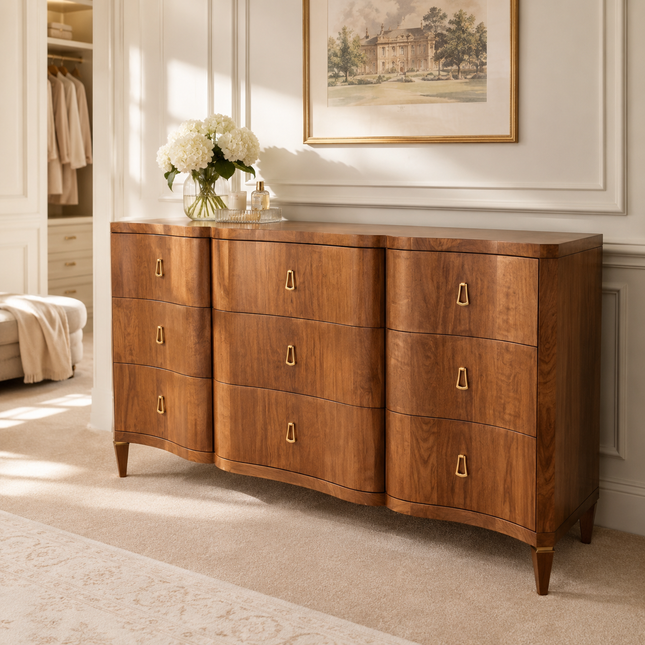 Lusanne Curved Front 9-Drawer Mid-Century Modern Cabinet for Living Room, Bedroom & Entryway