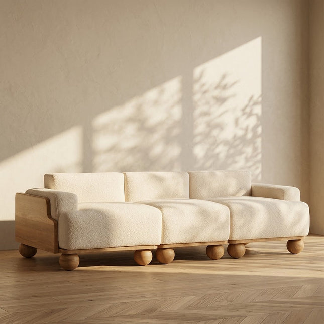 Medford 3-Seater Sculptural Sofa Modern Wooden Base Couch with Oversized Sphere Legs