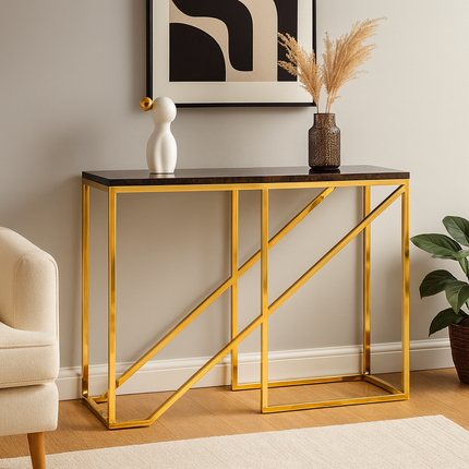 Golden Prism Console Table – Sculptural Mid-Century Modern Hallway Display Console - Uber Decor