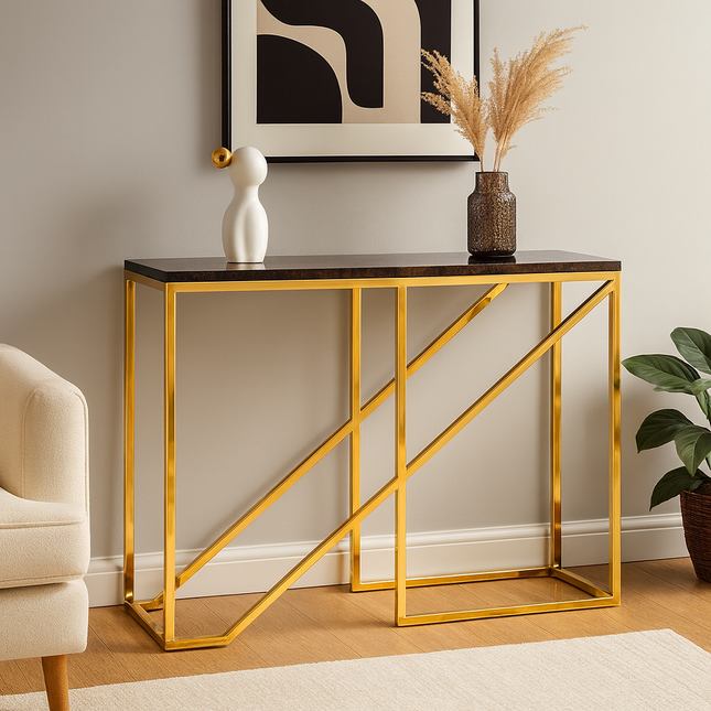 Golden Prism Console Table – Sculptural Mid-Century Modern Hallway Display Console - Uber Decor