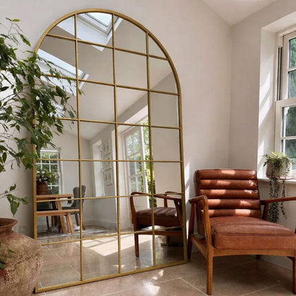 GloryArch- Arched Grid Full Length Window Style Metal Framed Mirror for Living Room, Bedroom, Clothing Boutique or Outdoor
