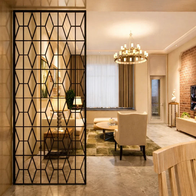 KRYNEX Stainless Steel Geometric Room Divider With Architectural Screen Pattern For Living Room Dining Area And Formal Seating Spaces