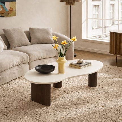 Tangon Wabi-Sabi Mid-Century Japandi Coffee Table – Organic Freeform Wooden Top Block Legs for Living Room