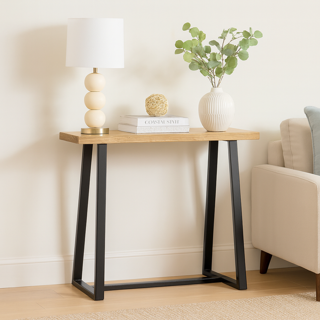 Terra Beam Display Table – Natural Wood Top & Black Metal Angled Base for Entryway & Living Spaces - Uber Decor