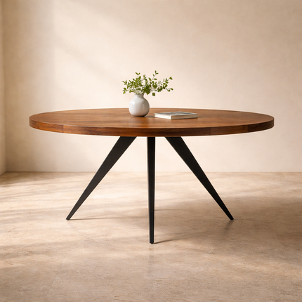 Oakspire Round Dining Table Industrial Mid Century Modern Scandinavian Design Solid Wood Top Black Metal Spider Legs Dining Table for Dining Room