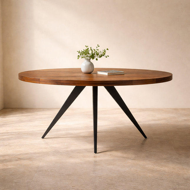 Oakspire Round Dining Table Industrial Mid Century Modern Scandinavian Design Solid Wood Top Black Metal Spider Legs Dining Table for Dining Room