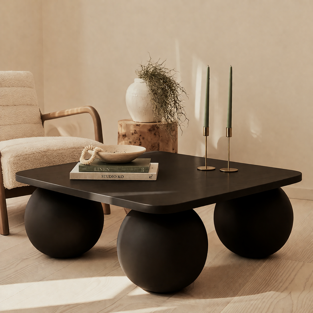 Zambezi Coffee Table Modern Contemporary Sculptural Designer Center Table Custom Finish Sphere Base Statement Table for Artistic Living Space