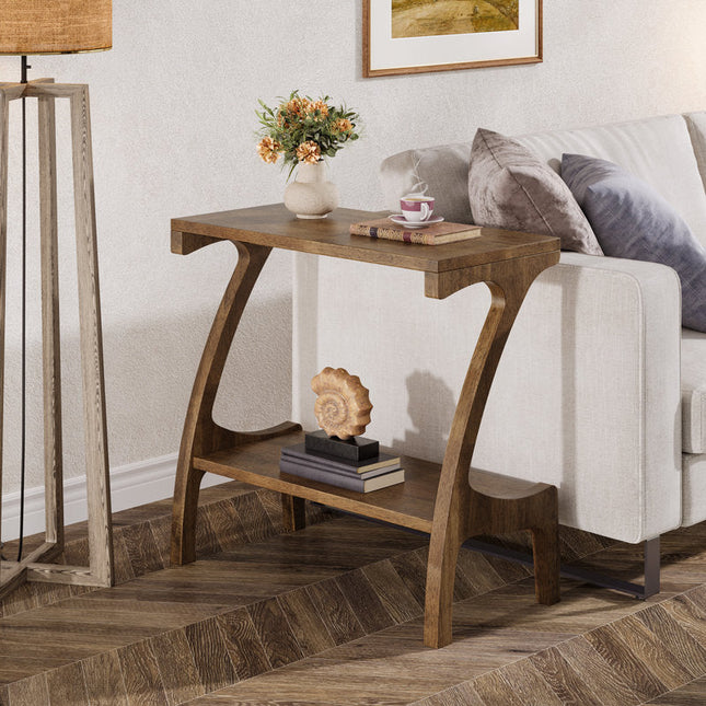 Nara Arc Sofa Side Table – Solid Wood Japandi Modern Accent with Storage Shelf for Living Room - Uber Decor