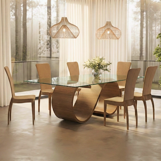 Timberly Dining Table with Tempered Glass Top and Solid Wood Sculptural Base Inspired by Warm Modern Homes and Elegant Dining Spaces