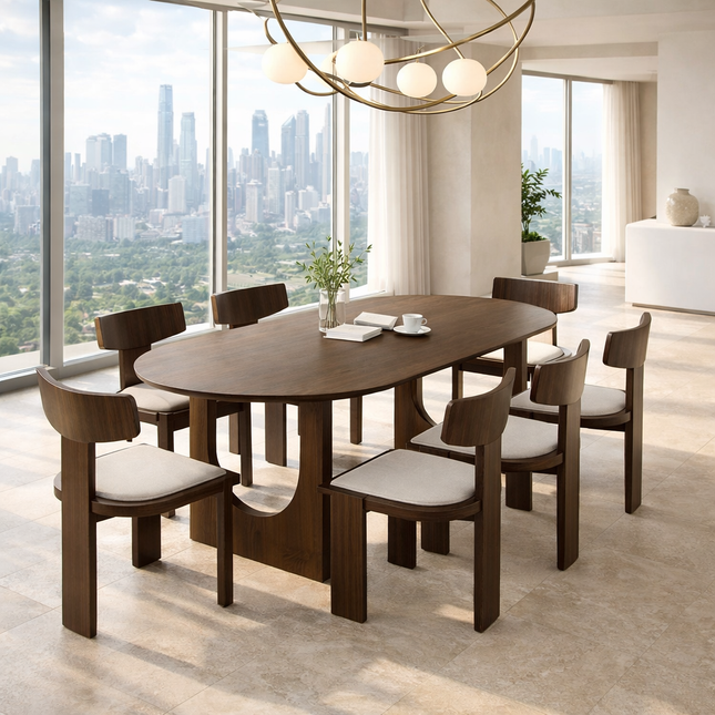 Waldenarc Oval Dining Table Mid Century Modern Scandinavian Japandi Design Wooden Finish Sculptural Panel Base Dining Table for Dining Room