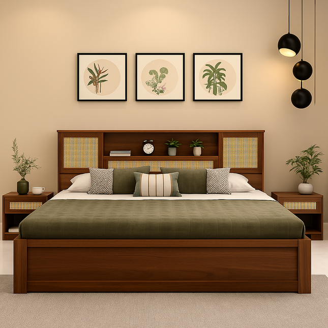 CaneHaven Japandi Rattan Panel Platform Bed for Modern Indian Homes - Uber Decor