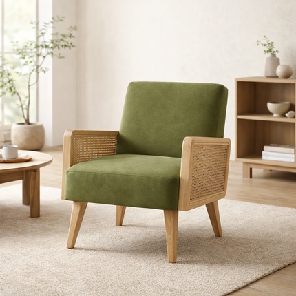 Nivara- Solid Wood Upholstered Accent Chair with Rattan Arms and Wooden Legs