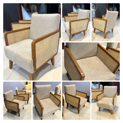 Nivara- Solid Wood Upholstered Accent Chair with Rattan Arms and Wooden Legs