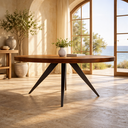 Oakspire Round Dining Table Industrial Mid Century Modern Scandinavian Design Solid Wood Top Black Metal Spider Legs Dining Table for Dining Room